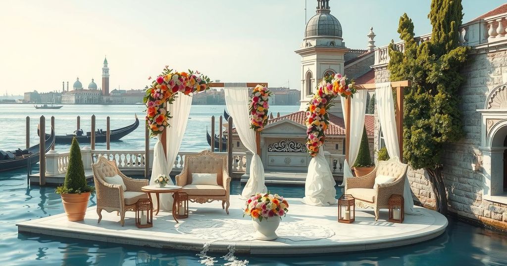 A luxurious open-air wedding setup on an island in Venice, featuring elegant floral arrangements and opulent decor.