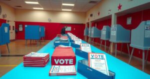 A busy polling place in New Jersey during an election with voting booths and ballots ready for voters.