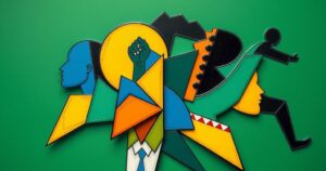 A vibrant assembly of symbolic elements representing democracy in Nigeria's historical context.