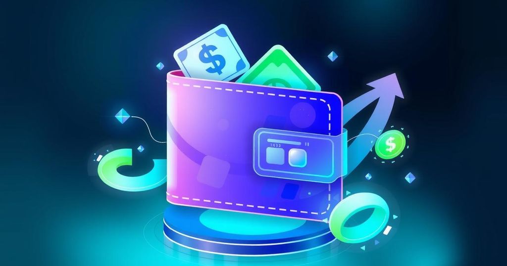 A digital wallet icon symbolizing financial transactions, featuring a modern design with vibrant colors.