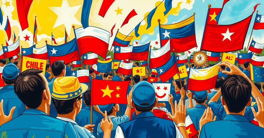 Vibrant electoral scene with colorful banners and symbols representing Chile's political landscape and candidates.
