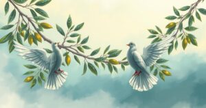 Symbolic representation of peace between nations with olive branches and doves on a bright background.