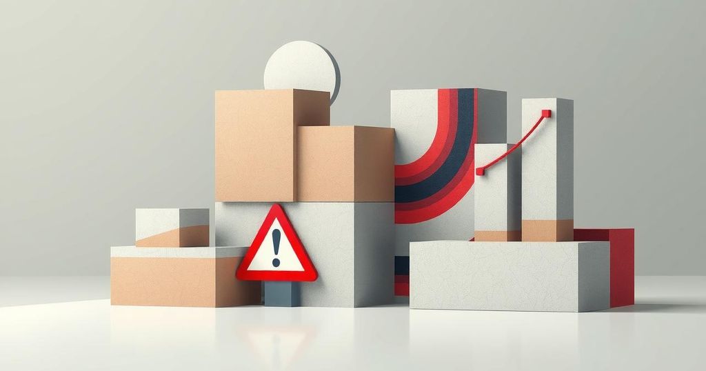 A conceptual illustration of economic growth obstacles, featuring abstract blocks and charts in muted colors.