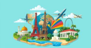 A vibrant global tourism symbol with landmarks and nature, celebrating innovation and collaboration in travel.