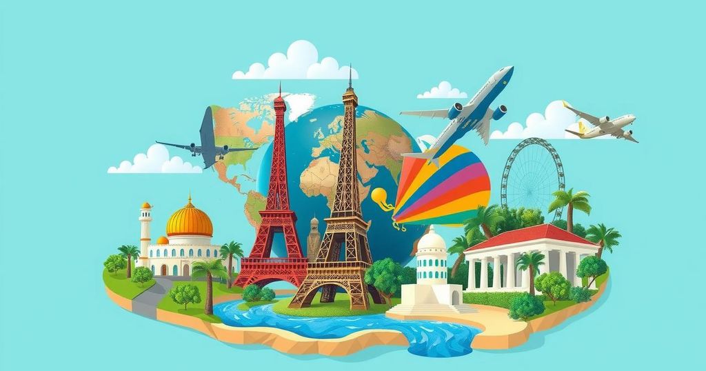 A vibrant global tourism symbol with landmarks and nature, celebrating innovation and collaboration in travel.