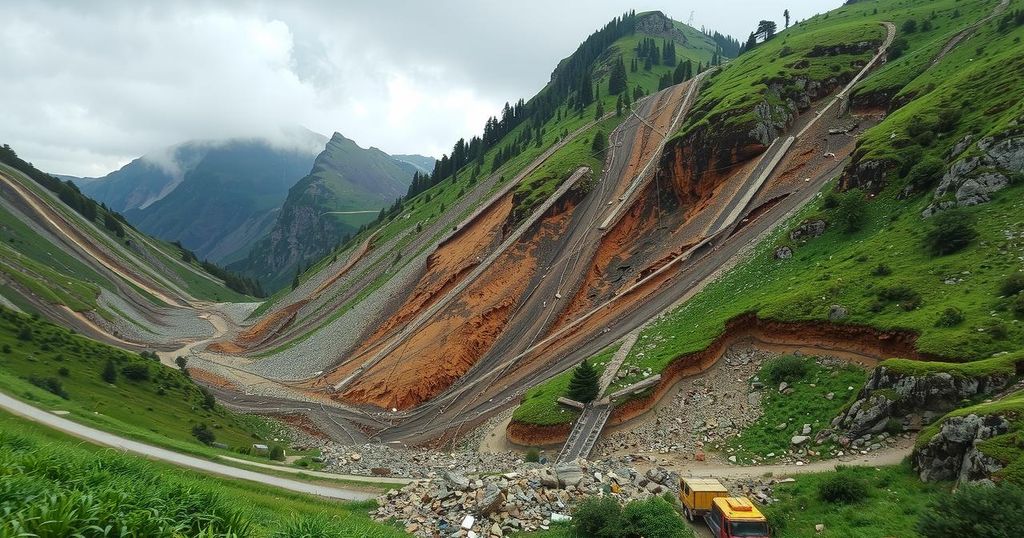 Landslide aftermath in a mountainous area after an earthquake with damaged terrain and debris scattered.
