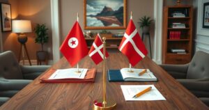 A diplomatic meeting scene with symbolic flags, books, and agreements reflecting Tunisian-Danish cooperation.