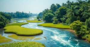 A lush Nigerian river landscape showcasing floodplains with vibrant greenery, symbolizing economic potential and environmental harmony.