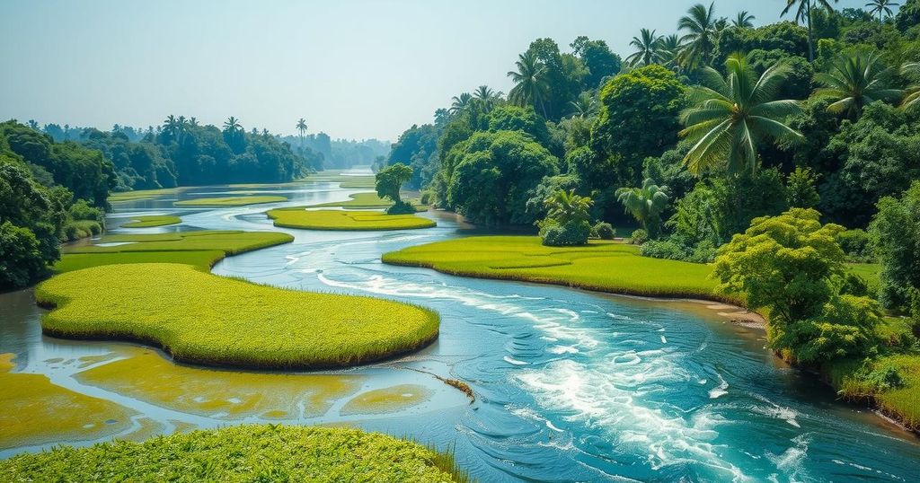 A lush Nigerian river landscape showcasing floodplains with vibrant greenery, symbolizing economic potential and environmental harmony.