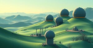 An abstract representation of nuclear energy exploration with modular reactor designs and a serene landscape.