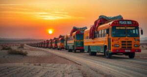 A convoy of buses crossing arid landscapes, symbolizing activism and solidarity, with sunset hues of orange and gold.