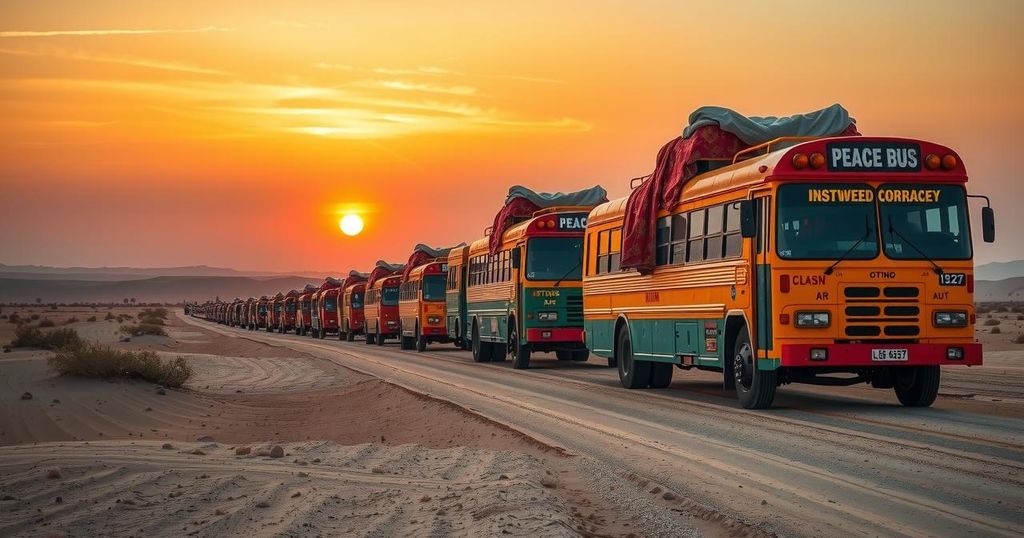 A convoy of buses crossing arid landscapes, symbolizing activism and solidarity, with sunset hues of orange and gold.
