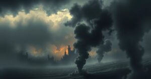 Turbulent Middle Eastern landscape with stormy skies, smoke, and silhouettes of damaged structures representing conflict.