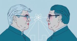 A digital illustration of a tense diplomatic discussion between two symbolic figures and an atom, representing global politics.