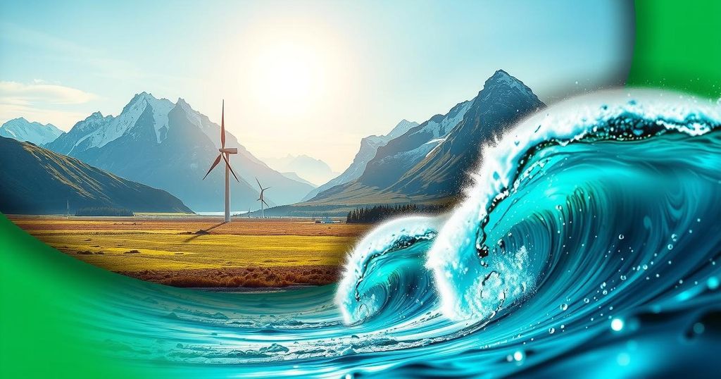 A collage of renewable energy sources, ocean-dissolving plastic, and Alaska's wilderness, showcasing environmental news updates.