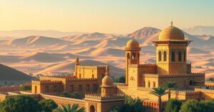 A serene landscape of Oman showing hills, traditional architecture, and a peaceful sky symbolizing diplomacy and mediation.