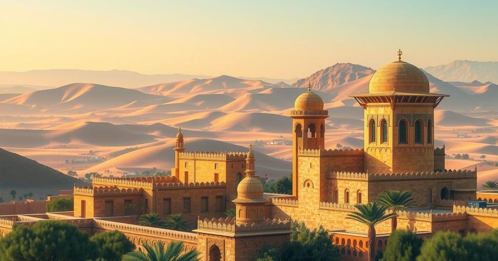 A serene landscape of Oman showing hills, traditional architecture, and a peaceful sky symbolizing diplomacy and mediation.