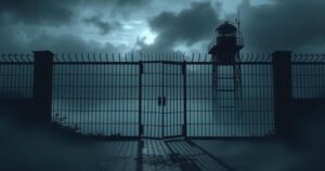 A somber scene with a locked prison gate surrounded by dark clouds and barren trees, reflecting uncertainty and despair.