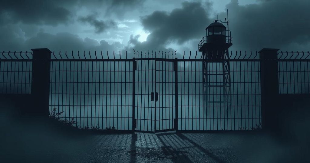 A somber scene with a locked prison gate surrounded by dark clouds and barren trees, reflecting uncertainty and despair.
