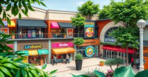 A vibrant shopping center with diverse retail spaces, lush greenery, and modern architecture in a colorful design.
