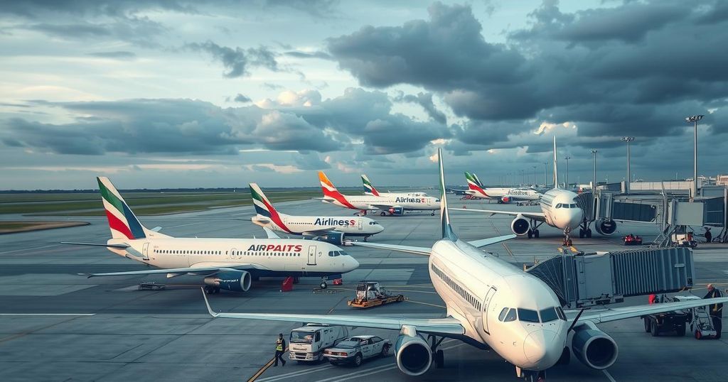 Aerial view of an airport runway amidst aircraft delays and rescheduling due to airspace restrictions.