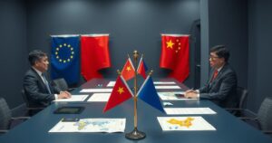 Political leaders discussing EU-China relations and trade negotiations, with a backdrop of flags and important symbols.
