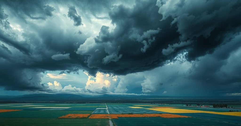 A conceptual landscape illustrating political tension, with dark clouds over a vibrant land symbolizing conflict and hope.