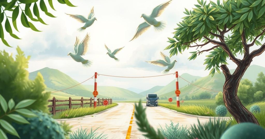 A peaceful landscape depicting a border crossing surrounded by nature and symbolic imagery of unity and solidarity.