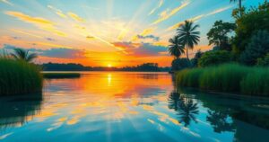 A captivating sunset over a serene landscape with a tranquil lake, reflecting vibrant hues of orange and blue.