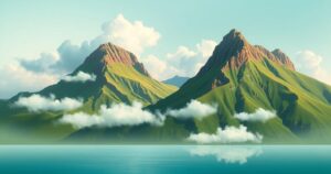 A serene landscape depicting two contrasting mountains symbolizing Ethiopia and Eritrea amidst soft clouds.