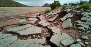 Landscape showcasing the aftermath of an earthquake with a cracked ground and fallen rocks in natural scenery.