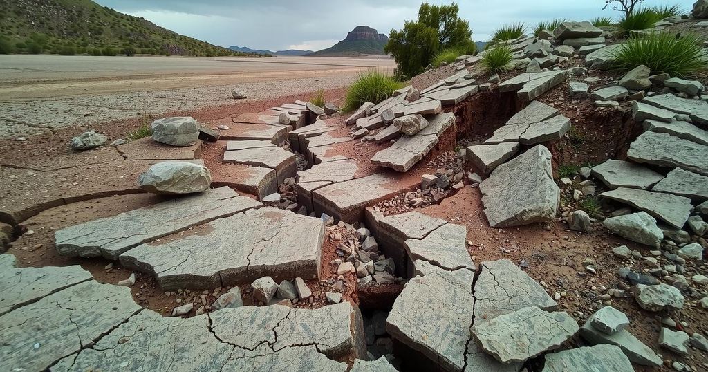 Landscape showcasing the aftermath of an earthquake with a cracked ground and fallen rocks in natural scenery.