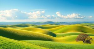 A peaceful landscape symbolizing harmony between nations, featuring rolling green hills and a serene blue sky.