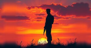 A soldier's silhouette with a sunset background, symbolizing strength and memories of service.