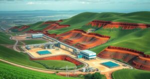 A vibrant landscape of Zimbabwe's lithium mines showcasing processing facilities in action with green and earthy tones.