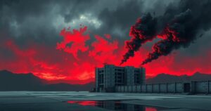 A symbolic representation of North Korea's nuclear strategy featuring a fortified structure, dark skies, and dynamic energy.