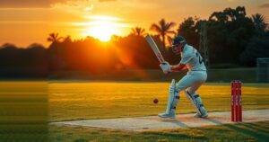 Cricket scene with players batsmen scoring runs, golden sunset lighting, capturing the thrill of the game.