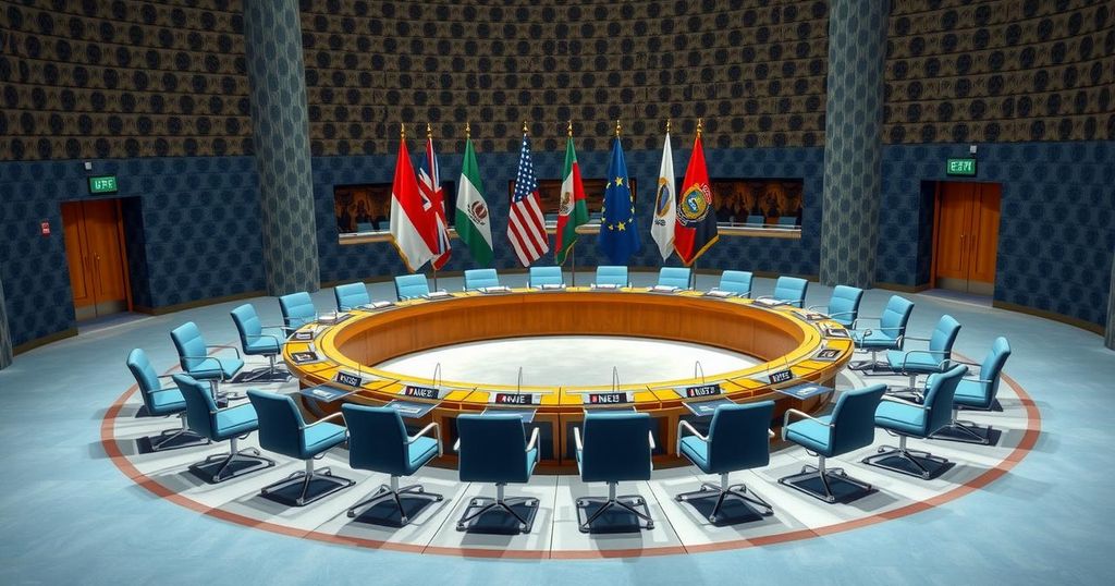 A United Nations meeting setting with a circular table and flags, conveying diplomatic discussions.
