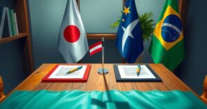 Signing ceremony of peace accord with two flags and table, symbolizing hope and resolve for Rwanda and Congo.