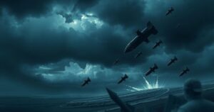 A stylized depiction of a turbulent Middle Eastern landscape with abstract missile silhouettes and dark clouds.