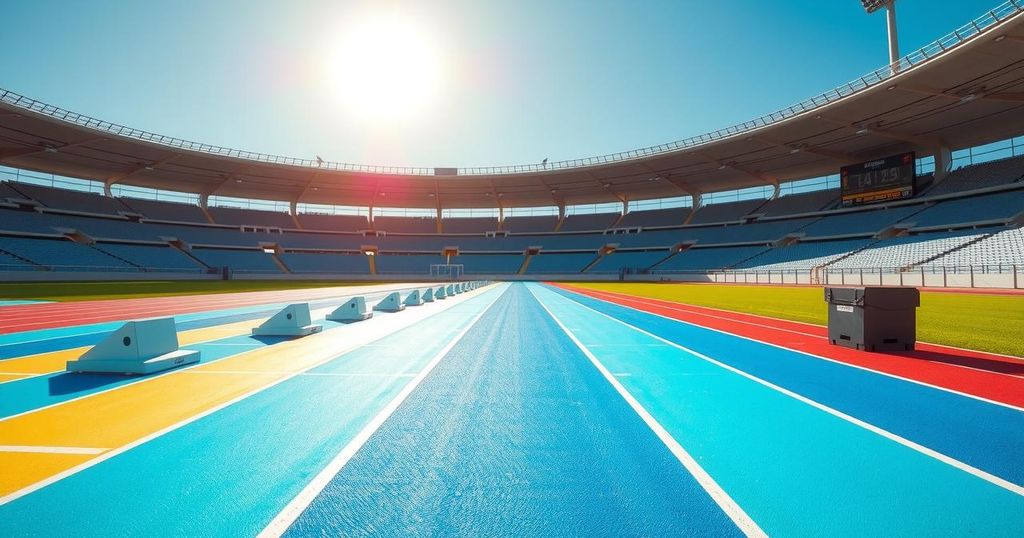 Track and field stadium with starting blocks, blurred colorful lanes in vibrant sunlight, showcasing athletic competition.