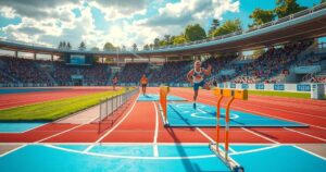 NCAA Track and Field Championships with diverse athletes competing, vibrant colors, showcasing collegiate sports spirit.