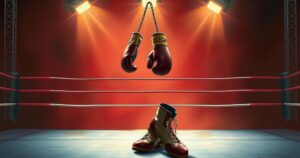 A boxing ring with gloves hanging and a pair of boxing shoes on the floor, symbolizing a boxing legacy.