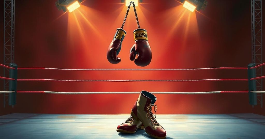 A boxing ring with gloves hanging and a pair of boxing shoes on the floor, symbolizing a boxing legacy.
