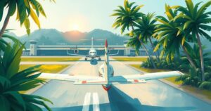 A tranquil airport scene with departing aircraft and lush greenery, symbolizing travel and anticipation.