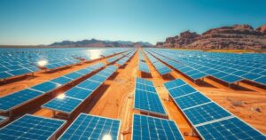 A vast solar farm in a desert landscape, showcasing solar panels under a bright blue sky, emphasizing renewable energy.