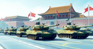 Chinese battle tanks parading at Tiananmen Square under a clear blue sky, symbolizing strength and national pride.