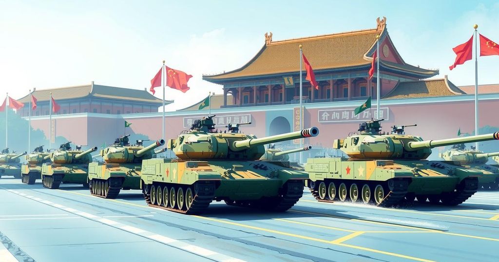 Chinese battle tanks parading at Tiananmen Square under a clear blue sky, symbolizing strength and national pride.