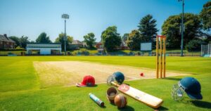 A cricket field set in Sussex with gear, stumps, and a vibrant landscape for a warm-up match.
