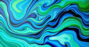 Vibrant abstract art symbolizing climate finance discussions and cooperation, featuring blues and greens